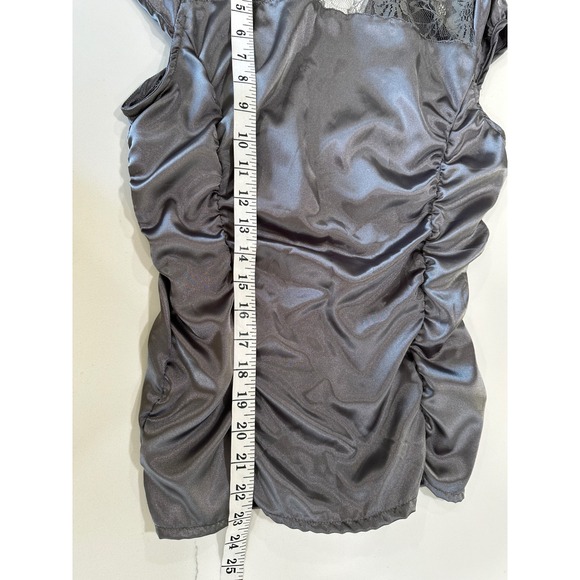 Gray Satin Lace Ruched Button Up Blouse Cap Sleeve Goth Steampunk S - Picture 6 of 6